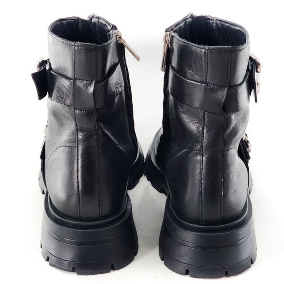 ZARA Leather Combat Moto Biker Ankle Boots ack Zip Buckles Black - Picture 6 of 10